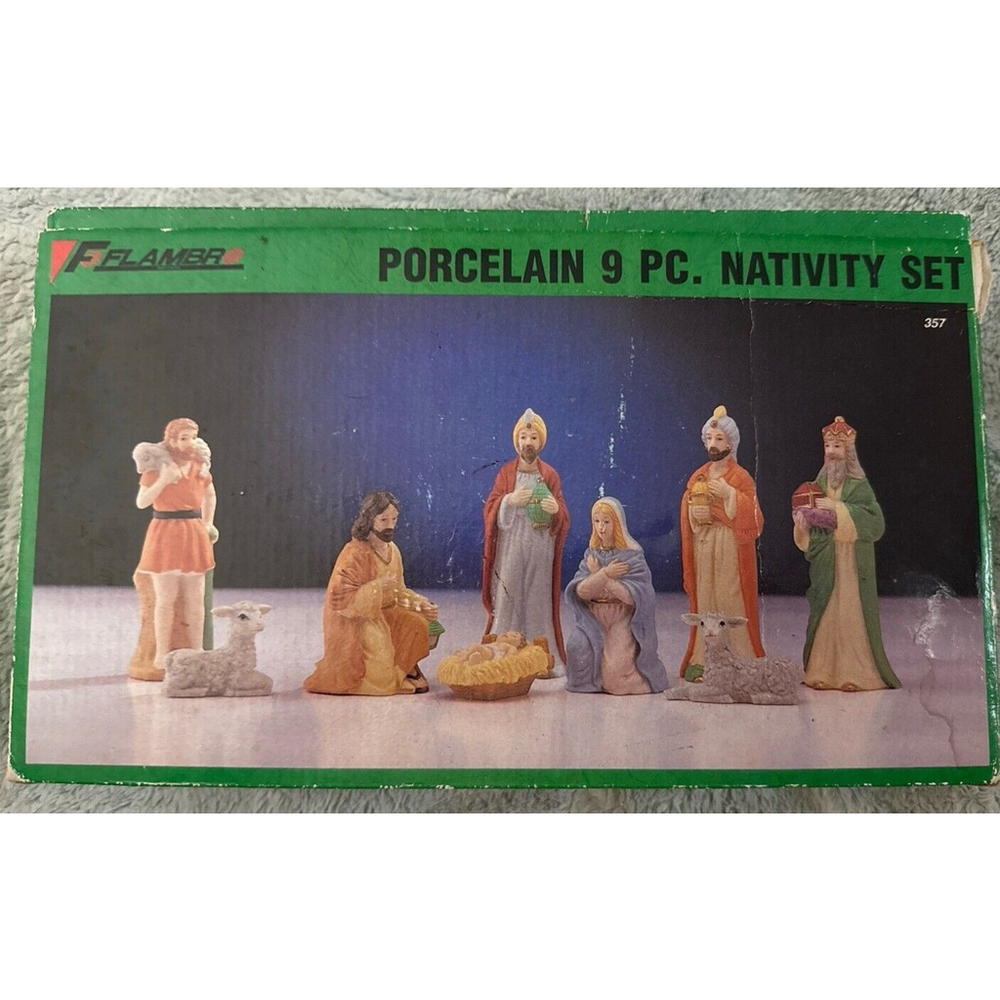 Vintage Flambro Porcelain Nativity Set 1990 Mary Joseph Baby Jesus Lambs Horse
